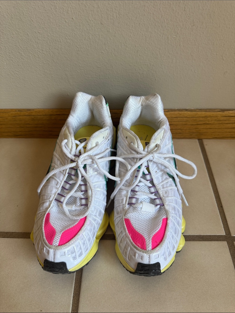 Nike Women's White Sneakers with Hot Pink and Yellow Accents